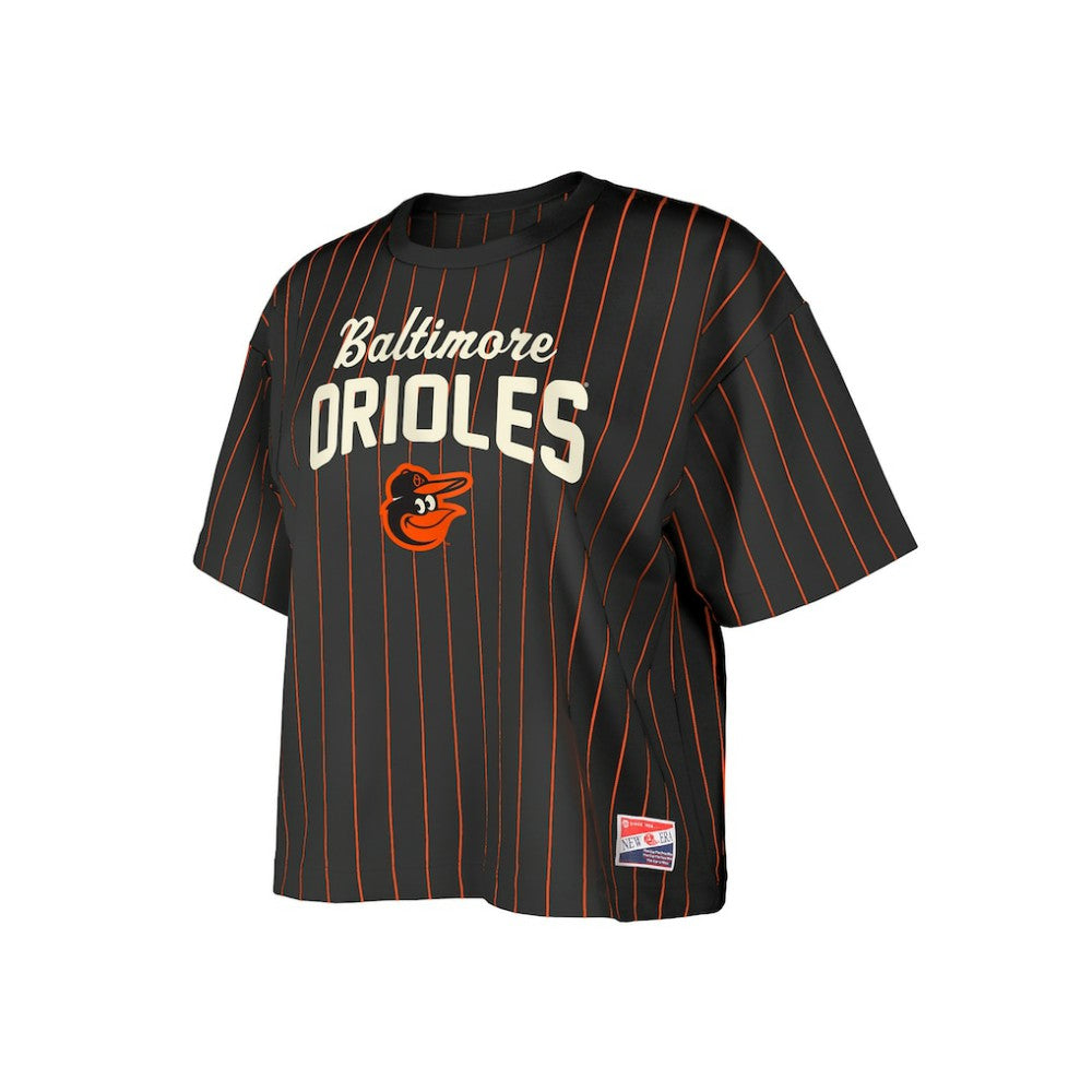 MLB Baltimore Orioles New Era Women's Cooperstown Collection Multiplier Pinstripe Cropped T-Shirt