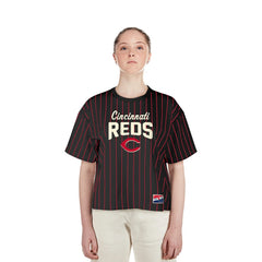 MLB Cincinnati Reds New Era Women's Cooperstown Collection Multiplier Pinstripe Cropped T-Shirt