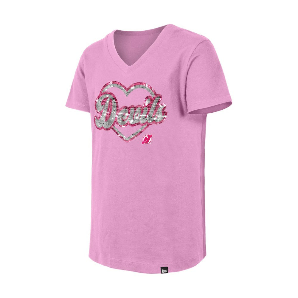 NHL Pink New Jersey Devils New Era Girl's Youth Flip Sequin V-Neck T-Shirt