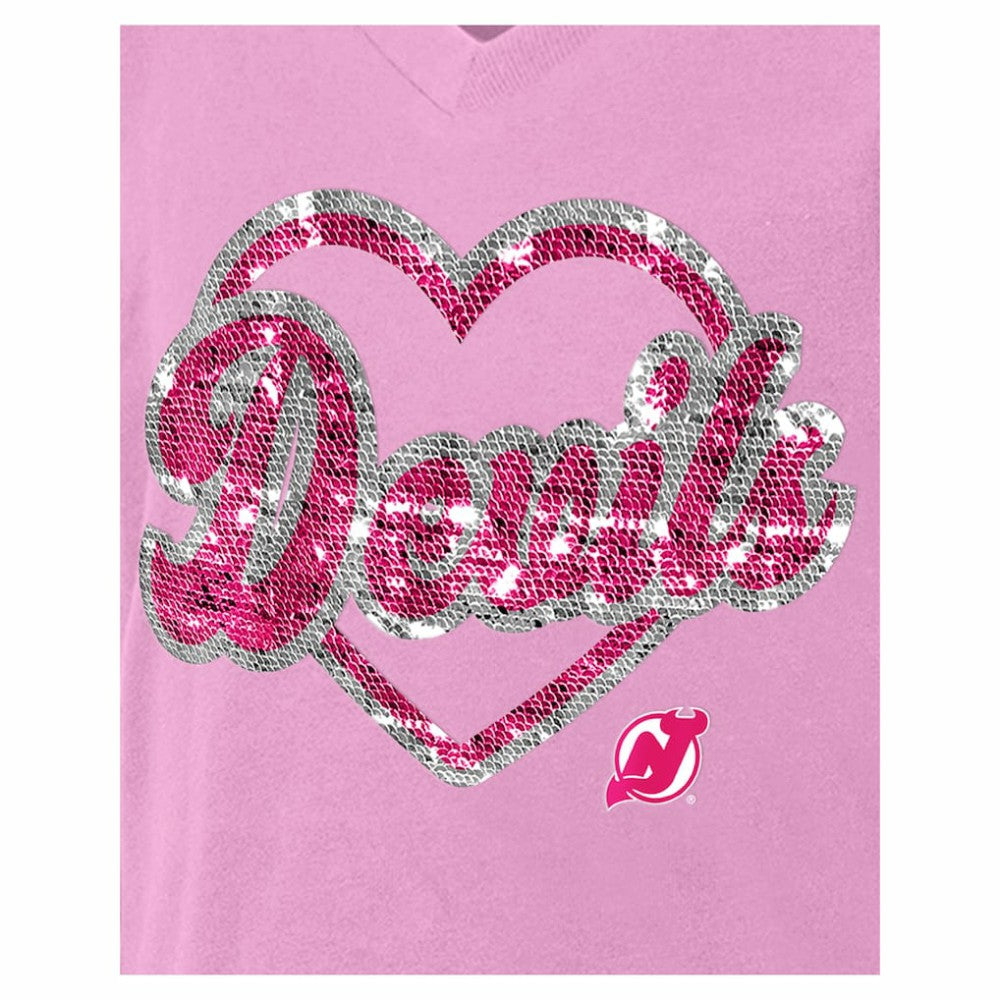 NHL Pink New Jersey Devils New Era Girl's Youth Flip Sequin V-Neck T-Shirt