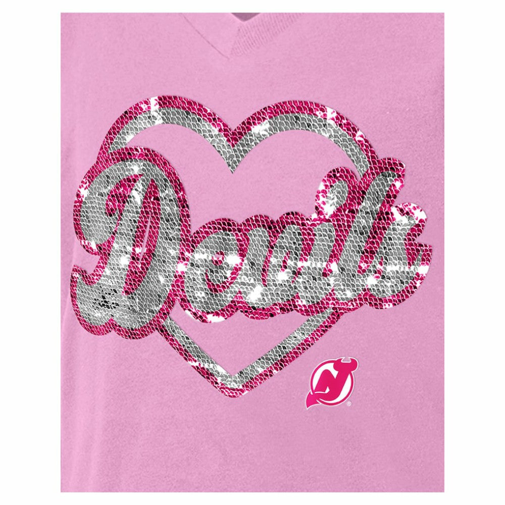 NHL Pink New Jersey Devils New Era Girl's Youth Flip Sequin V-Neck T-Shirt