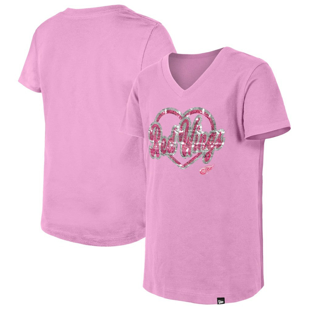NHL Pink Detroit Red Wings New Era Girl's Youth Flip Sequin V-Neck T-Shirt
