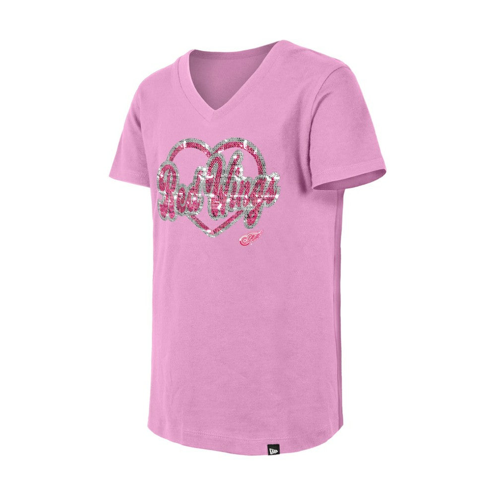 NHL Pink Detroit Red Wings New Era Girl's Youth Flip Sequin V-Neck T-Shirt