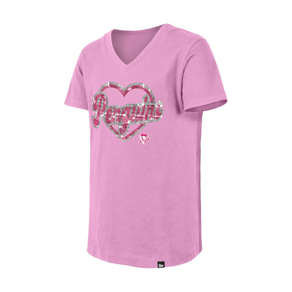 NHL Pink Pittsburgh Penguins New Era Girl's Youth Flip Sequin V-Neck T-Shirt