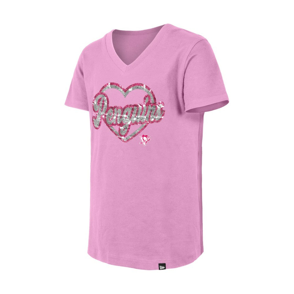 NHL Pink Pittsburgh Penguins New Era Girl's Youth Flip Sequin V-Neck T-Shirt