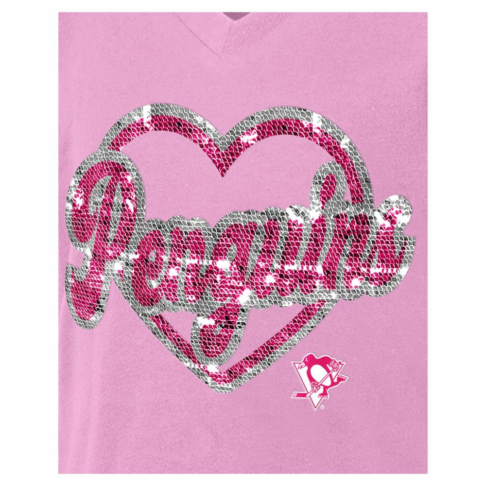 NHL Pink Pittsburgh Penguins New Era Girl's Youth Flip Sequin V-Neck T-Shirt