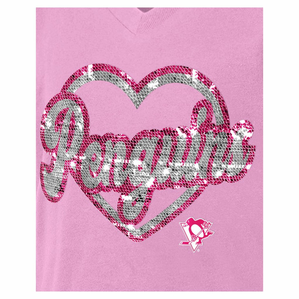 NHL Pink Pittsburgh Penguins New Era Girl's Youth Flip Sequin V-Neck T-Shirt