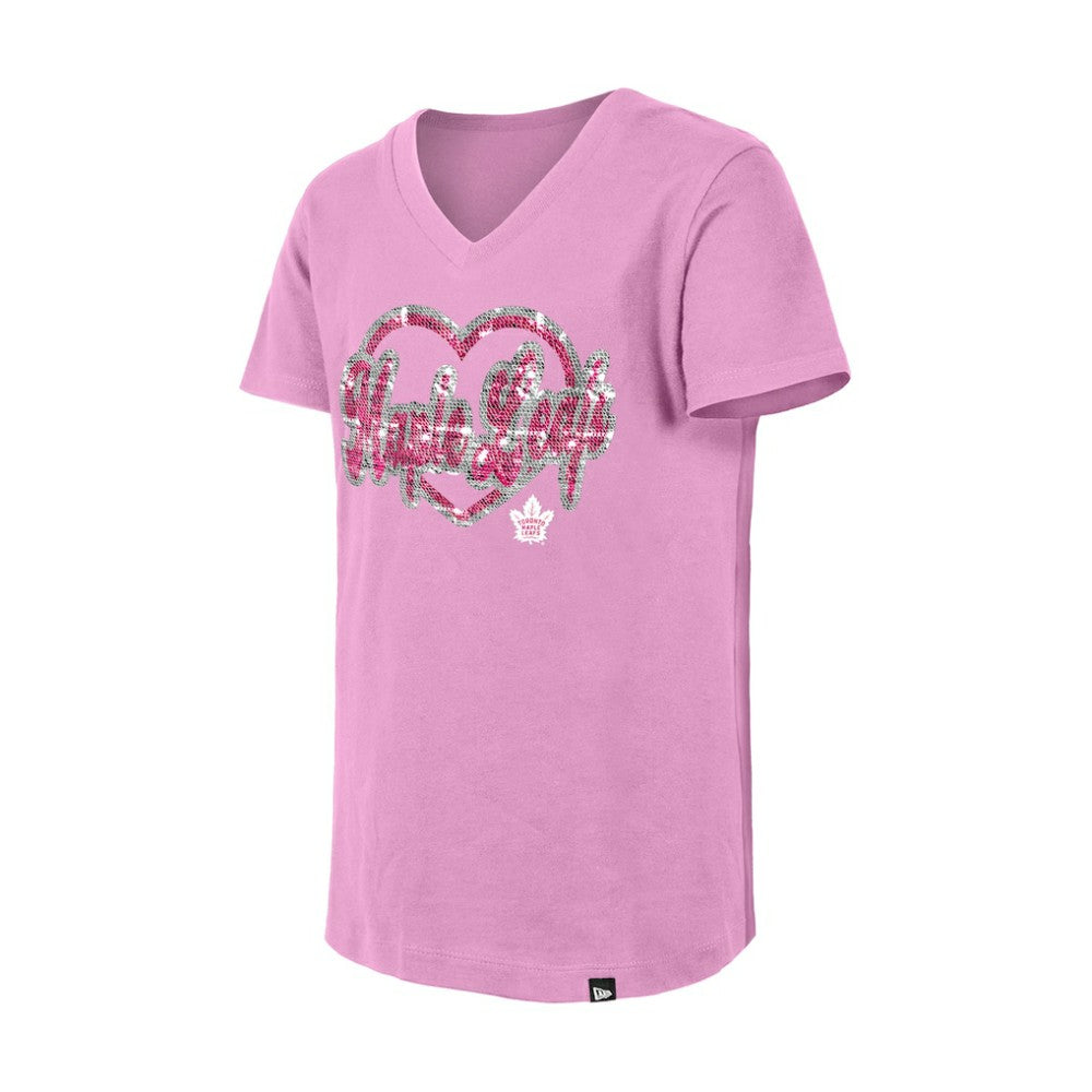 NHL Pink Toronto Maple Leafs New Era Girl's Youth Flip Sequin V-Neck T-Shirt