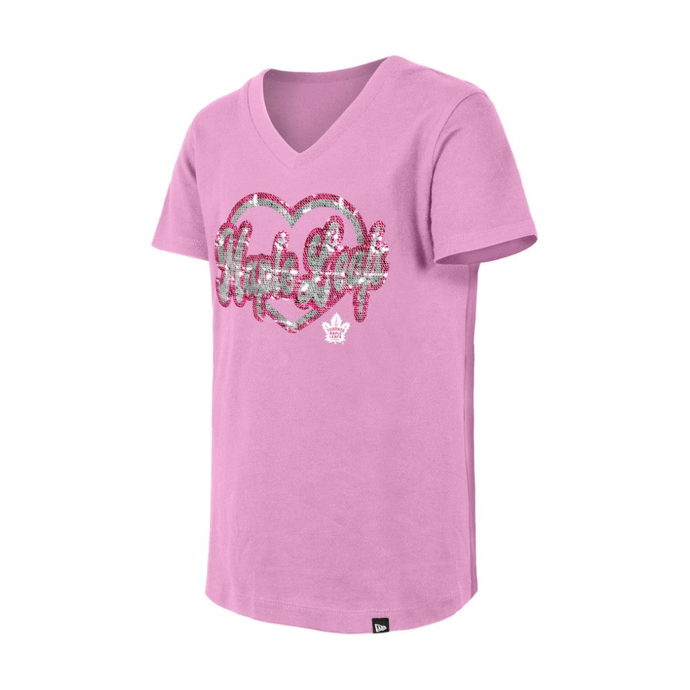 NHL Pink Toronto Maple Leafs New Era Girl's Youth Flip Sequin V-Neck T-Shirt
