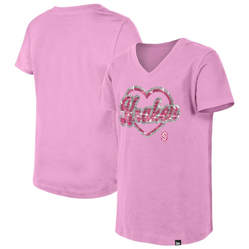 NHL Pink Seattle Kraken New Era Girl's Youth Flip Sequin V-Neck T-Shirt