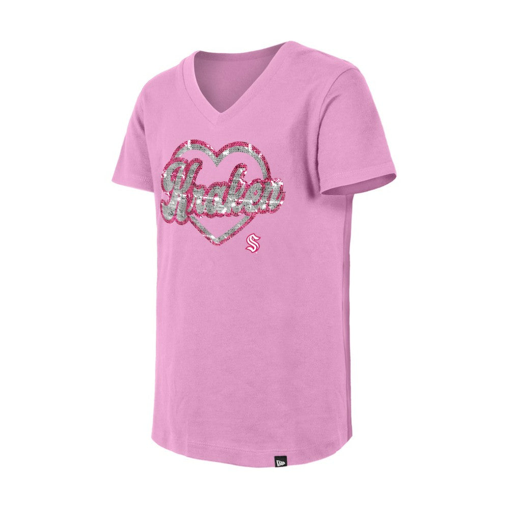 NHL Pink Seattle Kraken New Era Girl's Youth Flip Sequin V-Neck T-Shirt