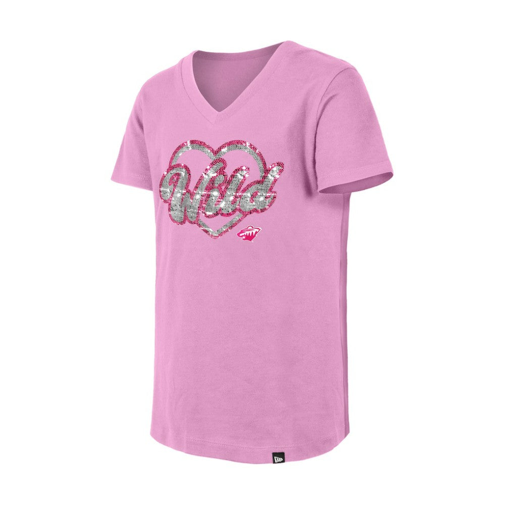 NHL Pink Minnesota Wild New Era Girl's Youth Flip Sequin V-Neck T-Shirt