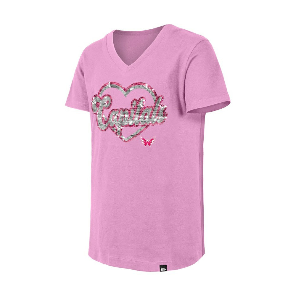NHL Pink Washington Capitals New Era Girl's Youth Flip Sequin V-Neck T-Shirt