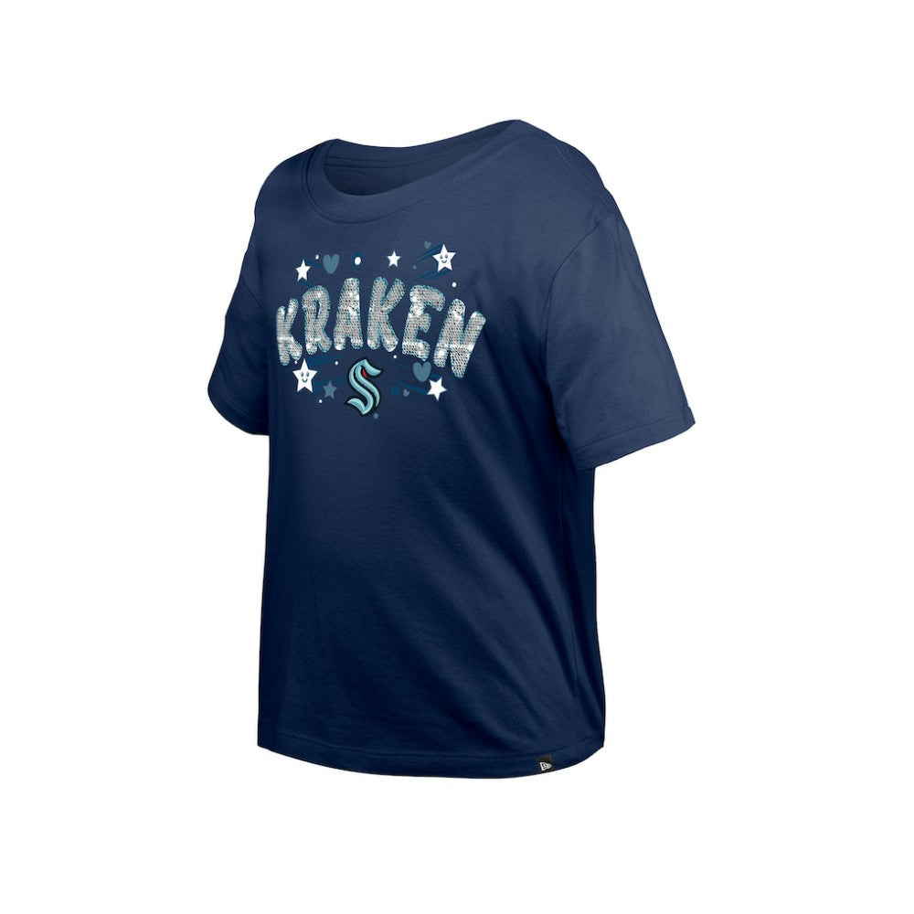 NHL Deep Sea Blue Seattle Kraken New Era Girl's Youth Flip Sequin T-Shirt