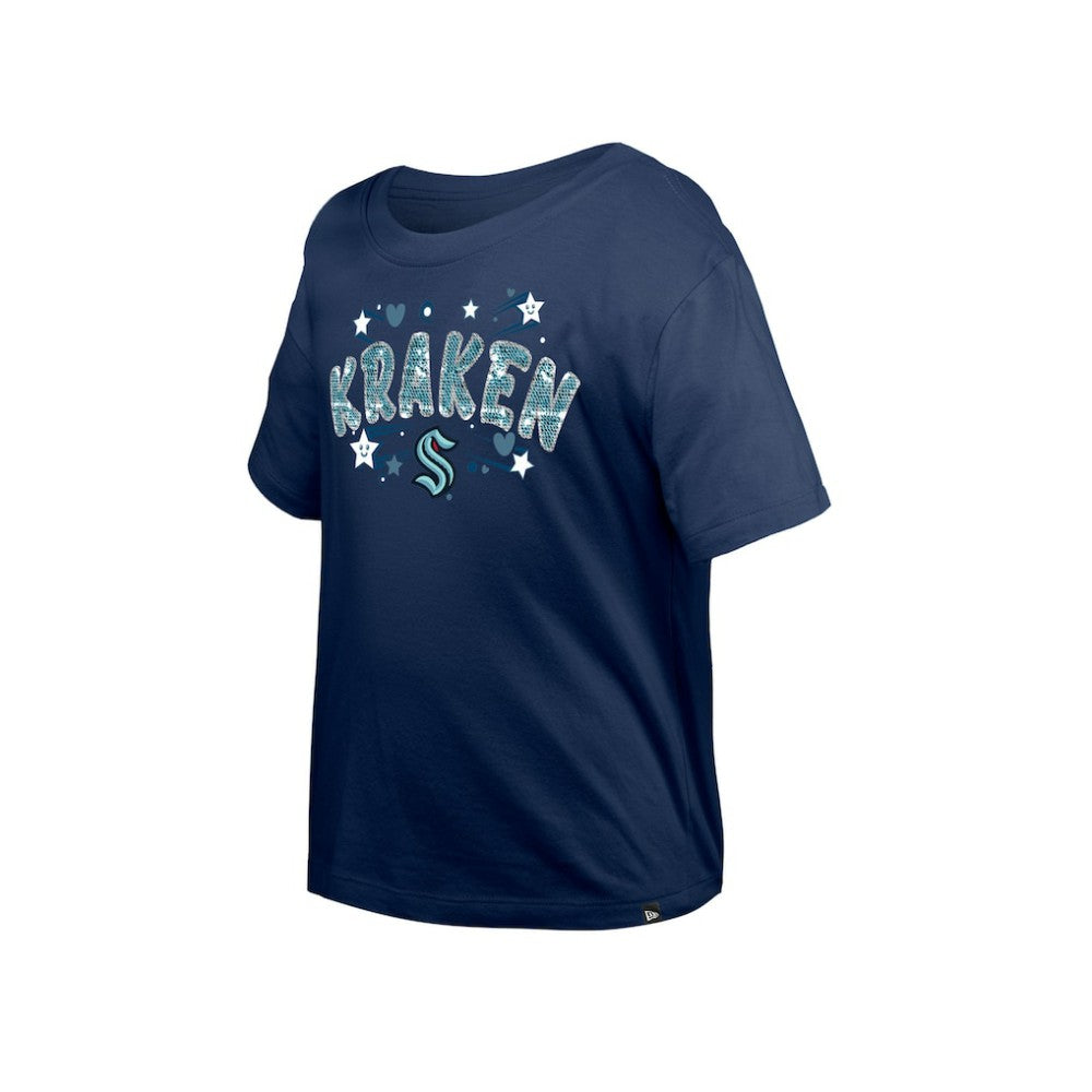 NHL Deep Sea Blue Seattle Kraken New Era Girl's Youth Flip Sequin T-Shirt