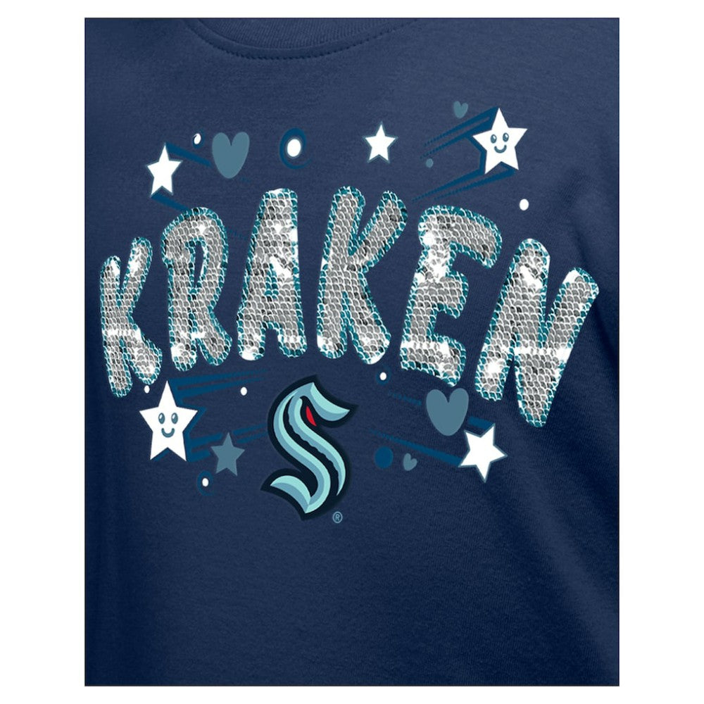 NHL Deep Sea Blue Seattle Kraken New Era Girl's Youth Flip Sequin T-Shirt