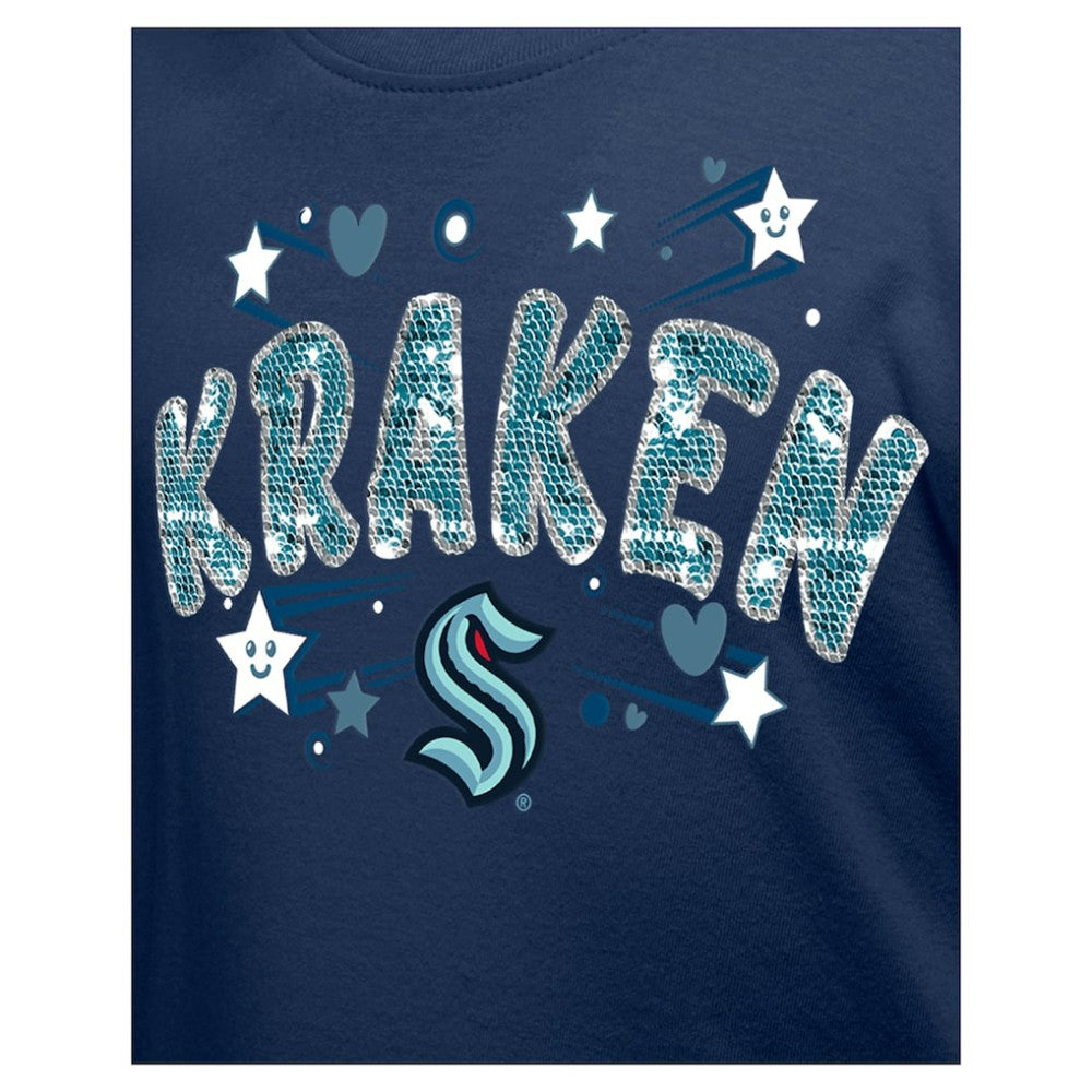 NHL Deep Sea Blue Seattle Kraken New Era Girl's Youth Flip Sequin T-Shirt