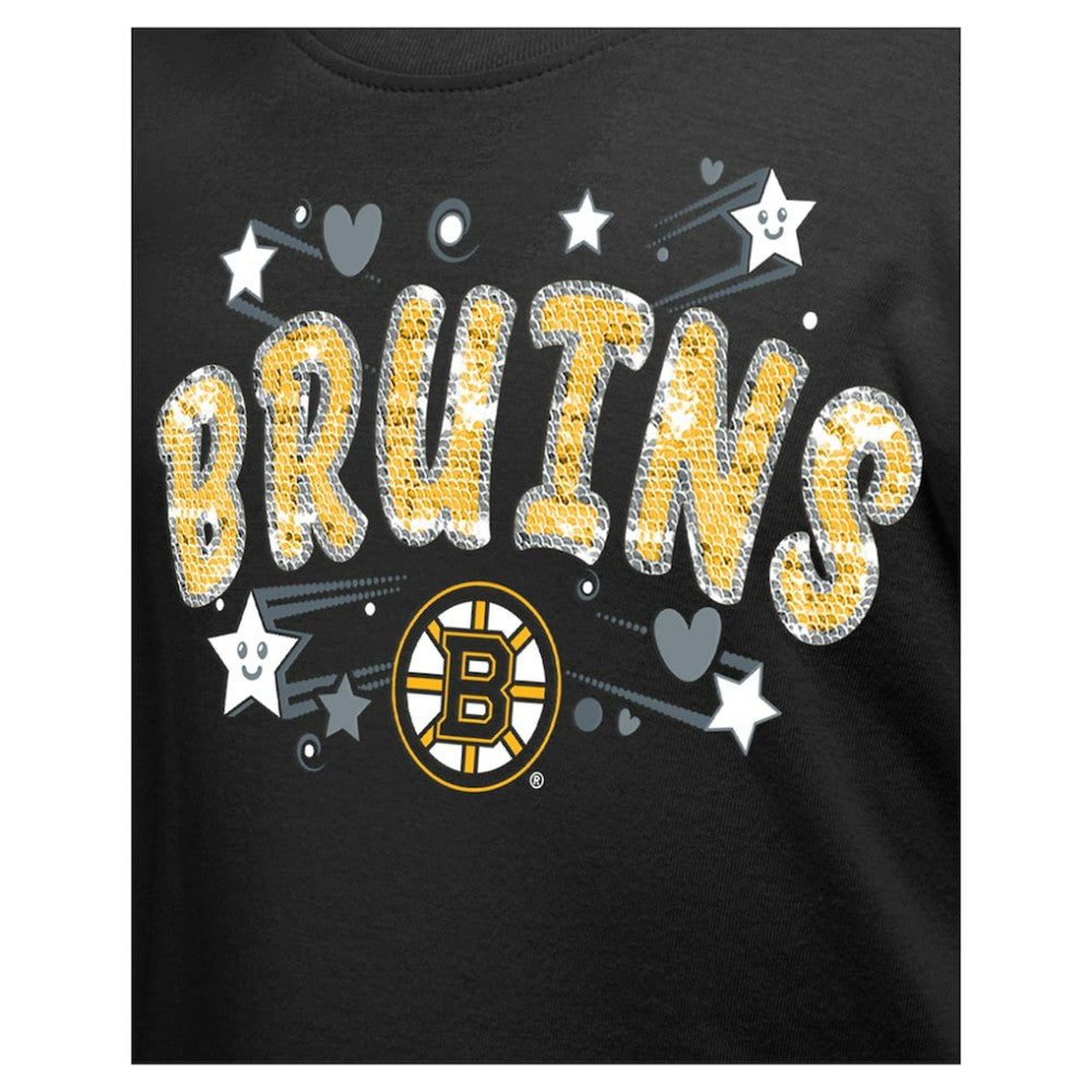 NHL Black Boston Bruins New Era Girl's Youth Flip Sequin T-Shirt
