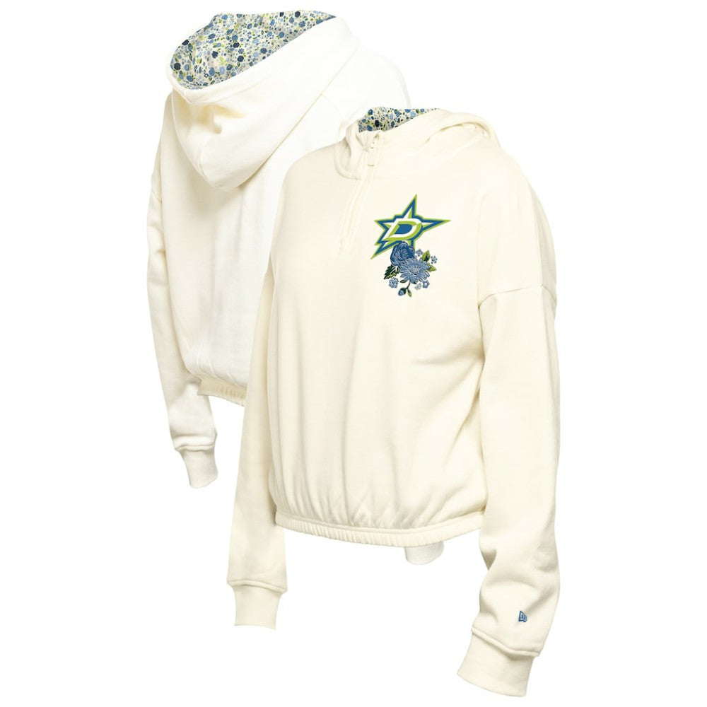NHL Cream Dallas Stars New Era Women's Glam Game Quarter-Zip Cropped Floral Hoodie Pullover