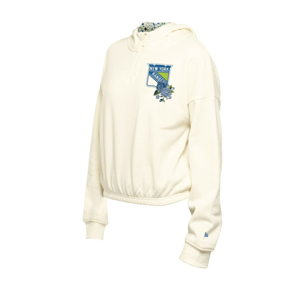 NHL Cream New York Rangers New Era Women's Glam Game Quarter-Zip Cropped Floral Hoodie Pullover