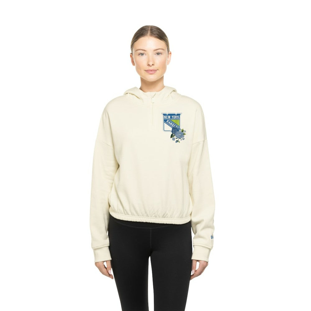 NHL Cream New York Rangers New Era Women's Glam Game Quarter-Zip Cropped Floral Hoodie Pullover