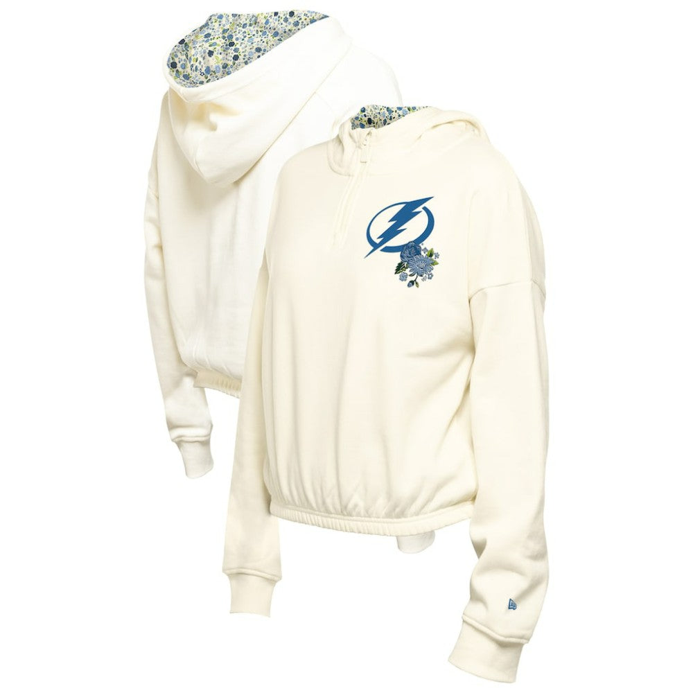 NHL Cream Tampa Bay Lightning New Era Women's Glam Game Quarter-Zip Cropped Floral Hoodie Pullover