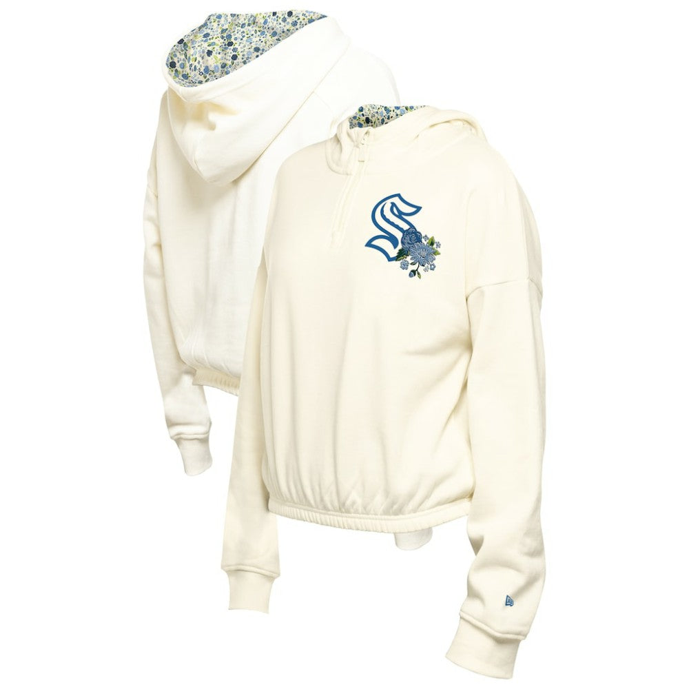 NHL Cream Seattle Kraken New Era Women's Glam Game Quarter-Zip Cropped Floral Hoodie Pullover