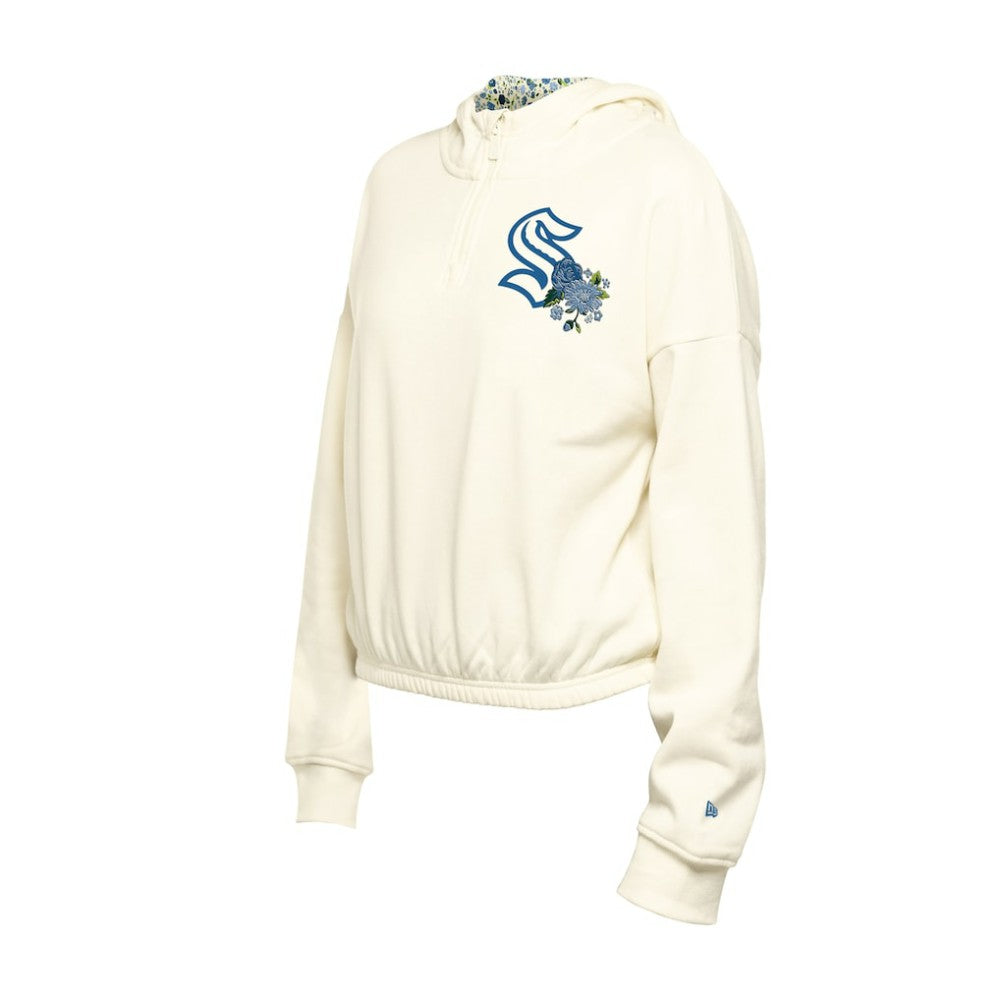 NHL Cream Seattle Kraken New Era Women's Glam Game Quarter-Zip Cropped Floral Hoodie Pullover