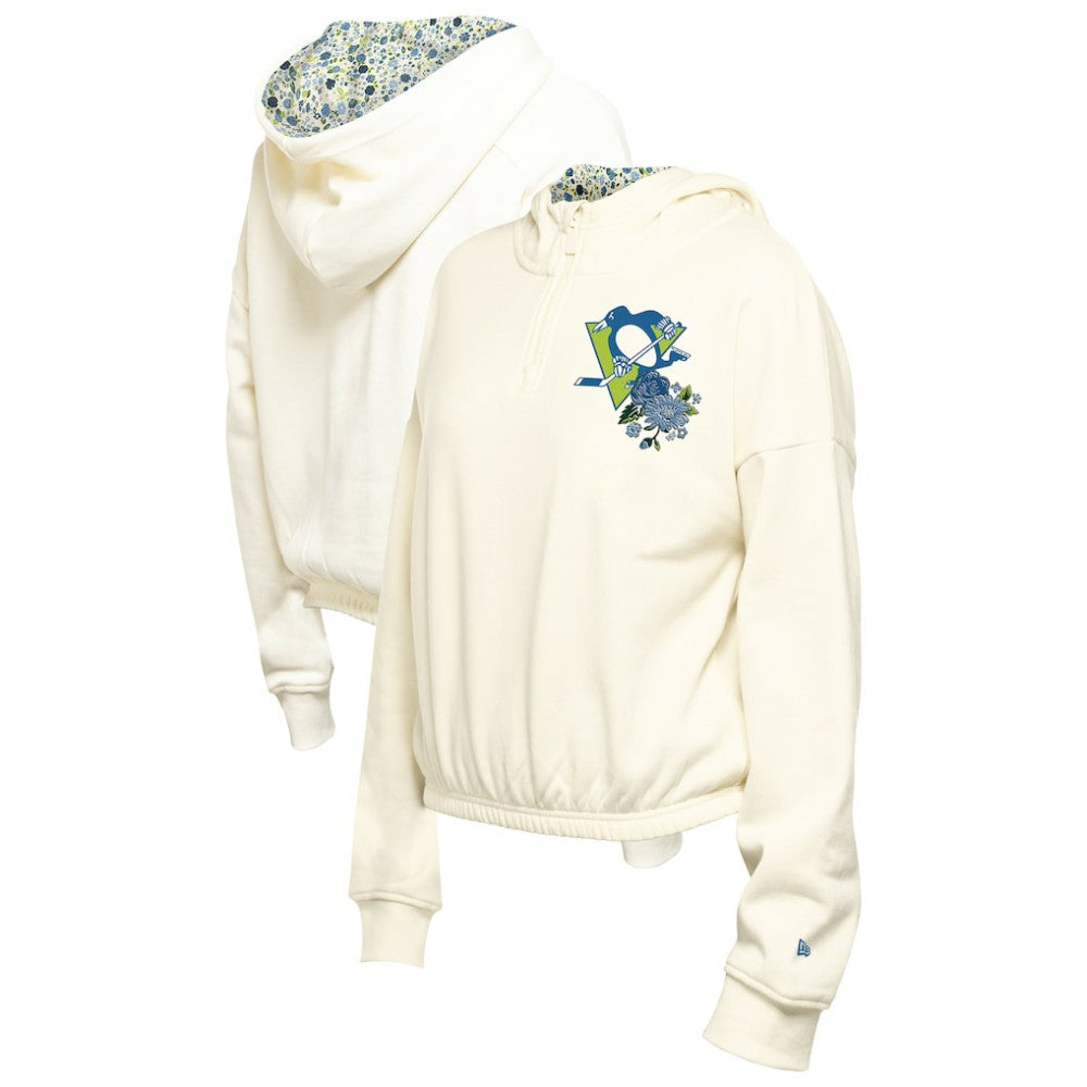 NHL Cream Pittsburgh Penguins New Era Women's Glam Game Quarter-Zip Cropped Floral Hoodie Pullover