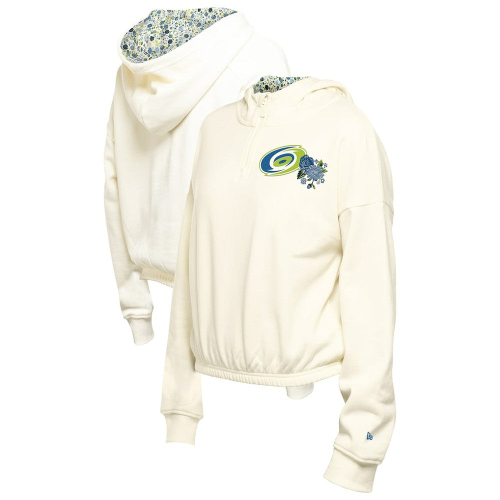 NHL Cream Carolina Hurricanes New Era Women's Glam Game Quarter-Zip Cropped Floral Hoodie Pullover