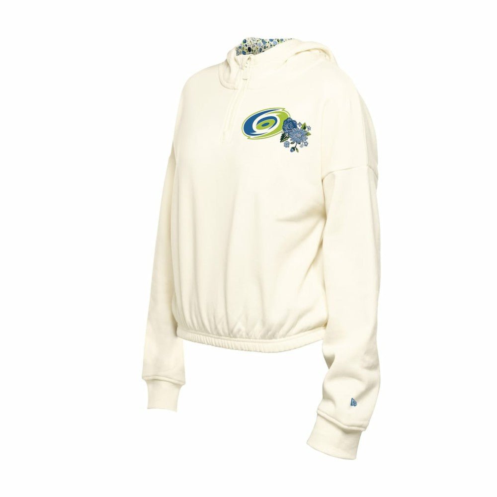 NHL Cream Carolina Hurricanes New Era Women's Glam Game Quarter-Zip Cropped Floral Hoodie Pullover