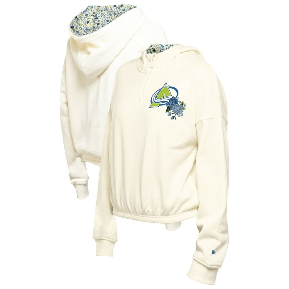 NHL Cream Colorado Avalanche New Era Women's Glam Game Quarter-Zip Cropped Floral Hoodie Pullover
