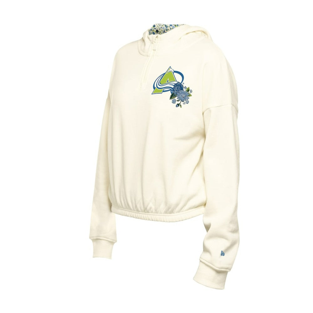 NHL Cream Colorado Avalanche New Era Women's Glam Game Quarter-Zip Cropped Floral Hoodie Pullover