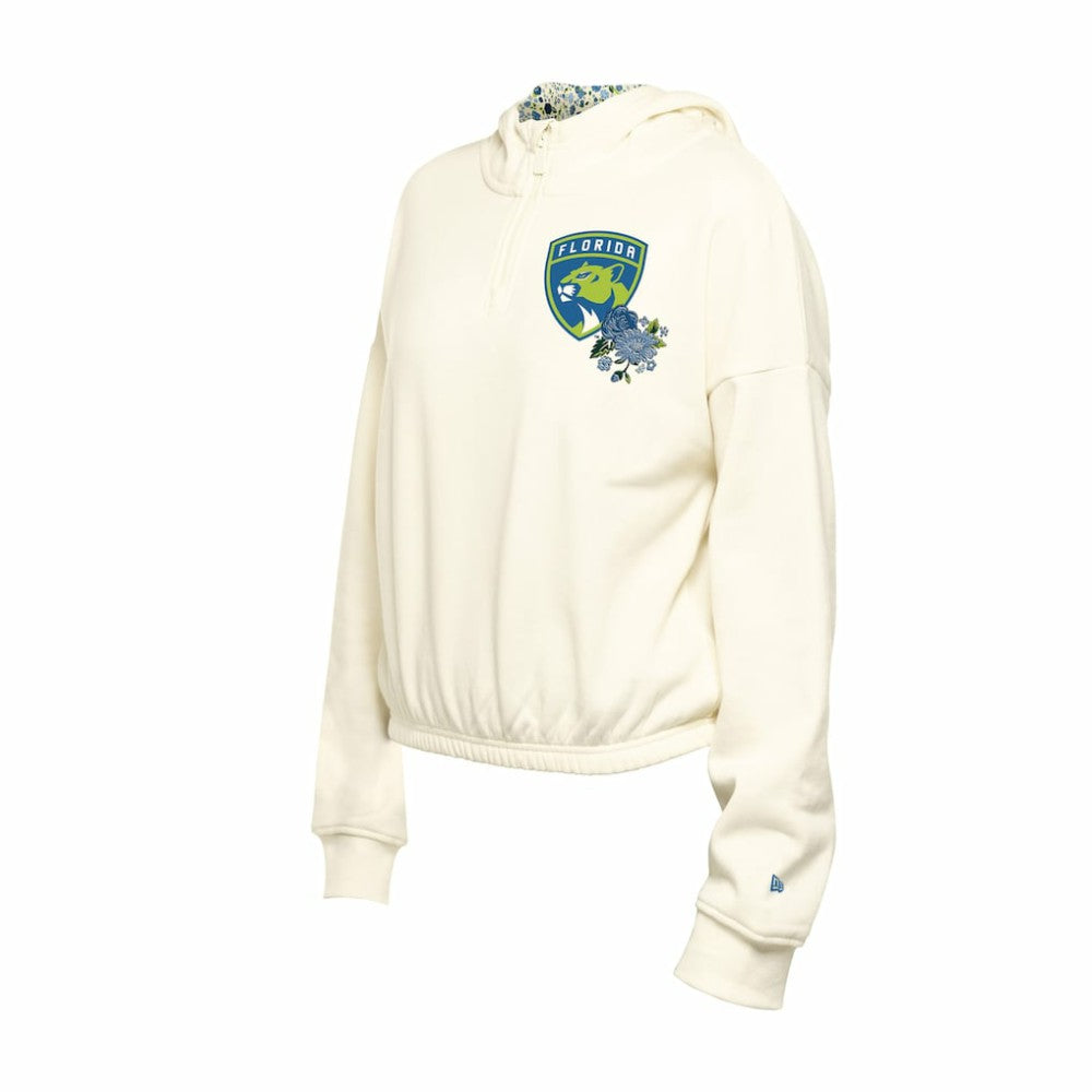 NHL Cream Florida Panthers New Era Women's Glam Game Quarter-Zip Cropped Floral Hoodie Pullover