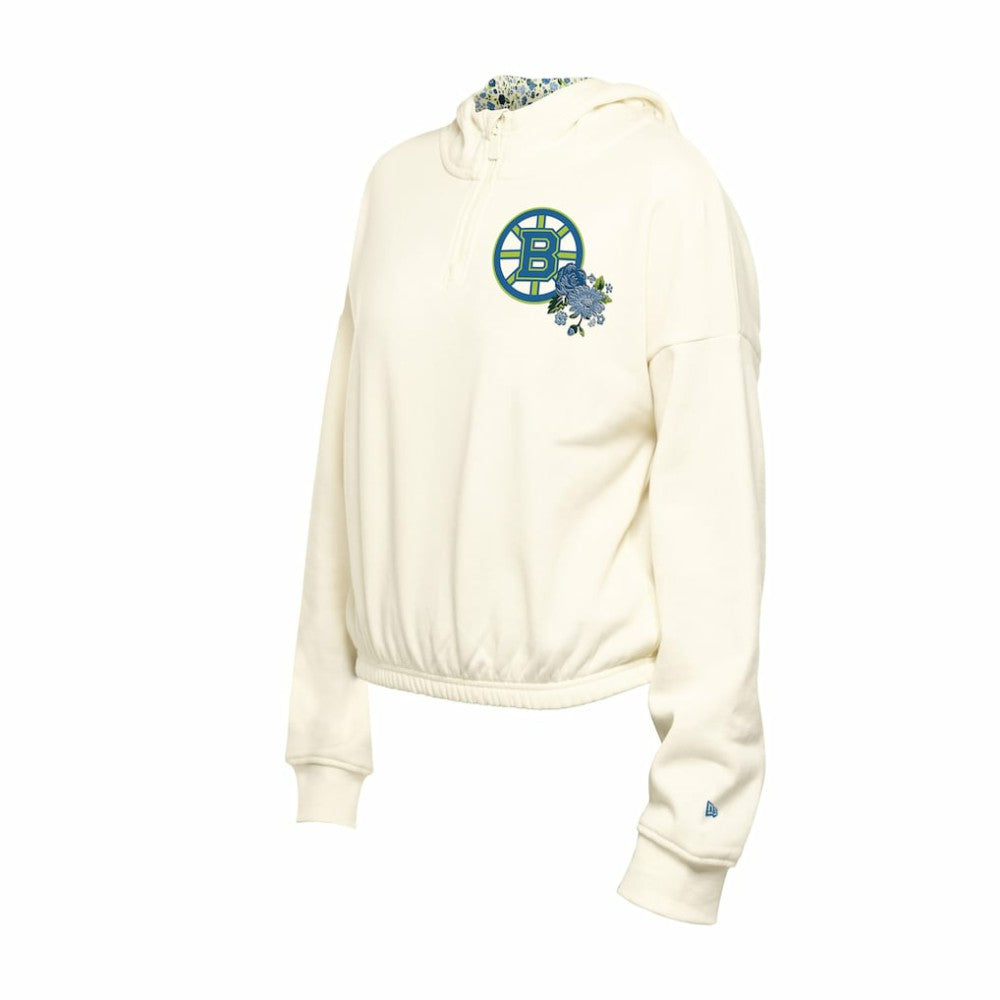 NHL Cream Boston Bruins New Era Women's Glam Game Quarter-Zip Cropped Floral Hoodie Pullover
