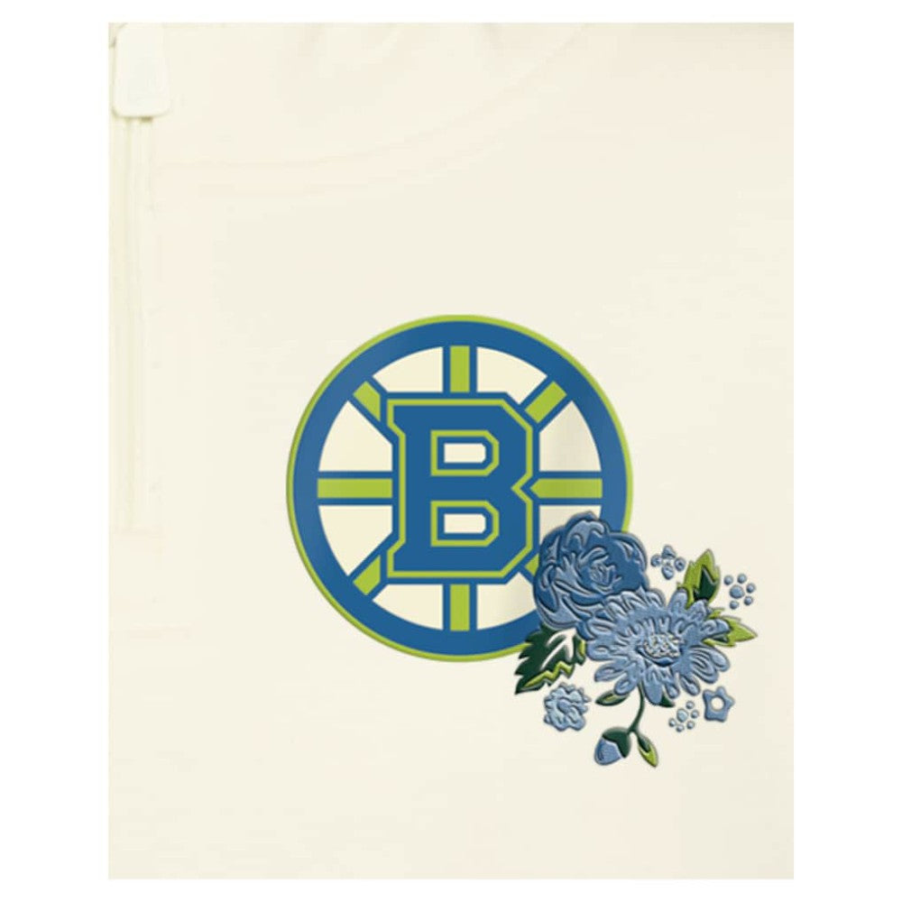 NHL Cream Boston Bruins New Era Women's Glam Game Quarter-Zip Cropped Floral Hoodie Pullover