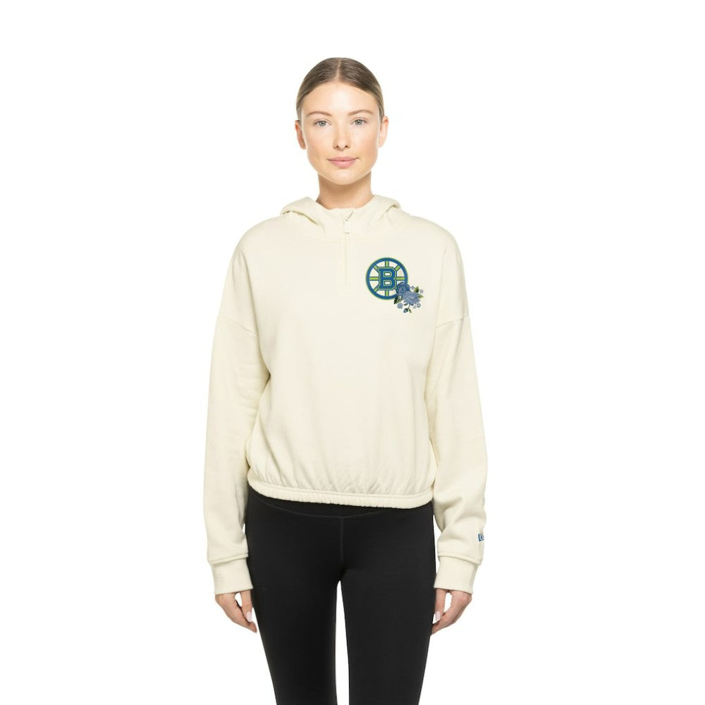 NHL Cream Boston Bruins New Era Women's Glam Game Quarter-Zip Cropped Floral Hoodie Pullover