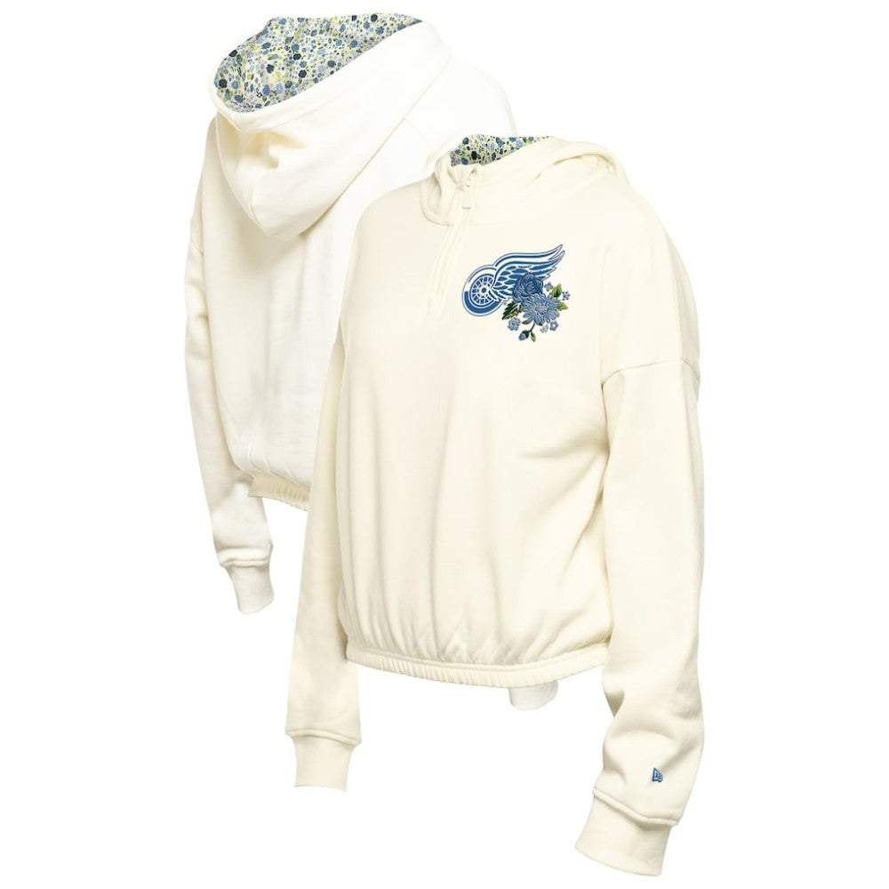 NHL Cream Detroit Red Wings New Era Women's Glam Game Quarter-Zip Cropped Floral Hoodie Pullover