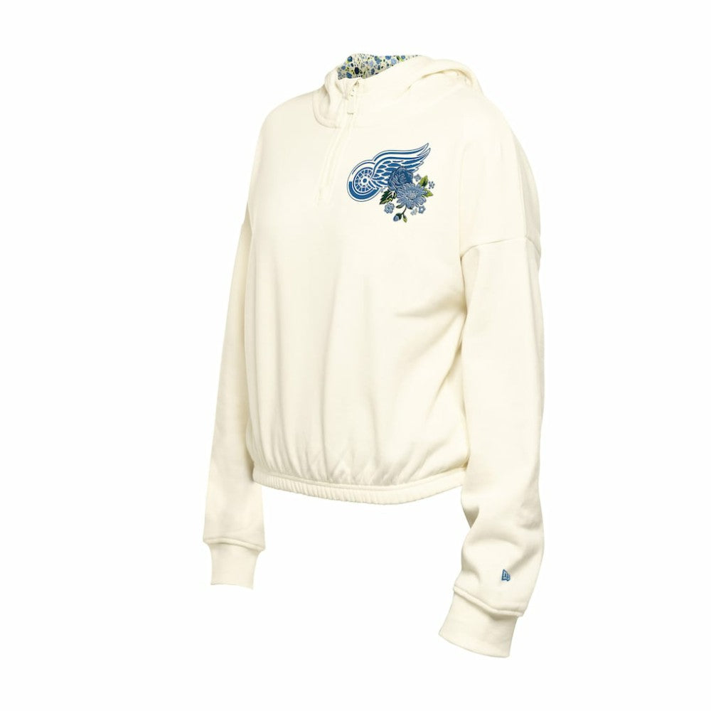 NHL Cream Detroit Red Wings New Era Women's Glam Game Quarter-Zip Cropped Floral Hoodie Pullover