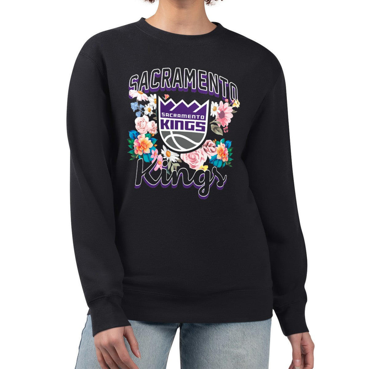 NBA Sacramento Kings G-III 4Her by Carl Banks Women's Flowers Team Logo Graphic Fleece Crewneck Pullover Sweatshirt