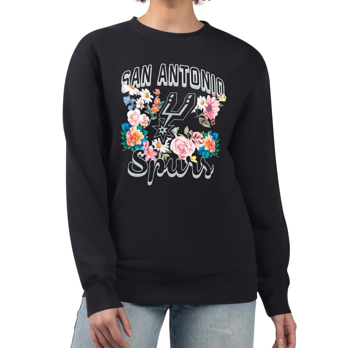 NBA San Antonio Spurs G-III 4Her by Carl Banks Women's Flowers Team Logo Graphic Fleece Crewneck Pullover Sweatshirt