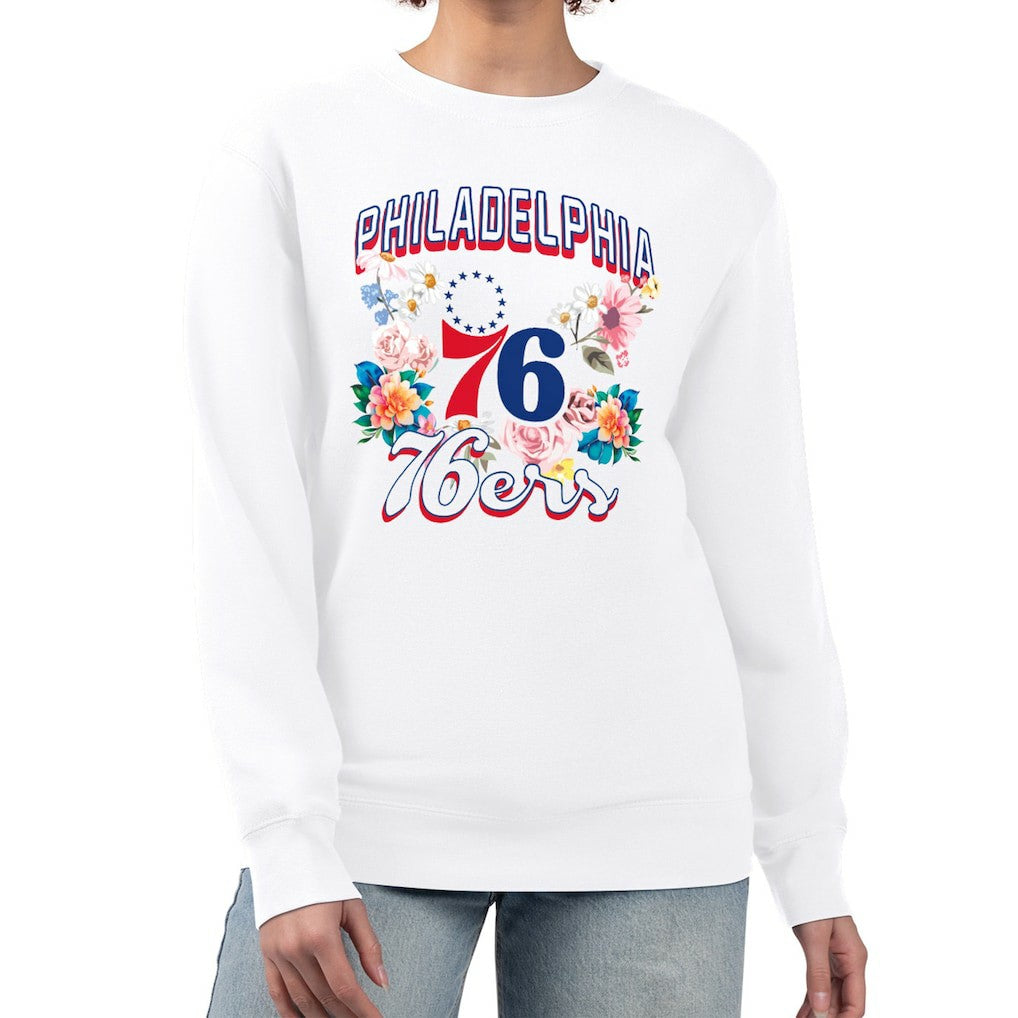 NBA Philadelphia 76ers G-III 4Her by Carl Banks Women's Flowers Team Logo Graphic Fleece Crewneck Pullover Sweatshirt