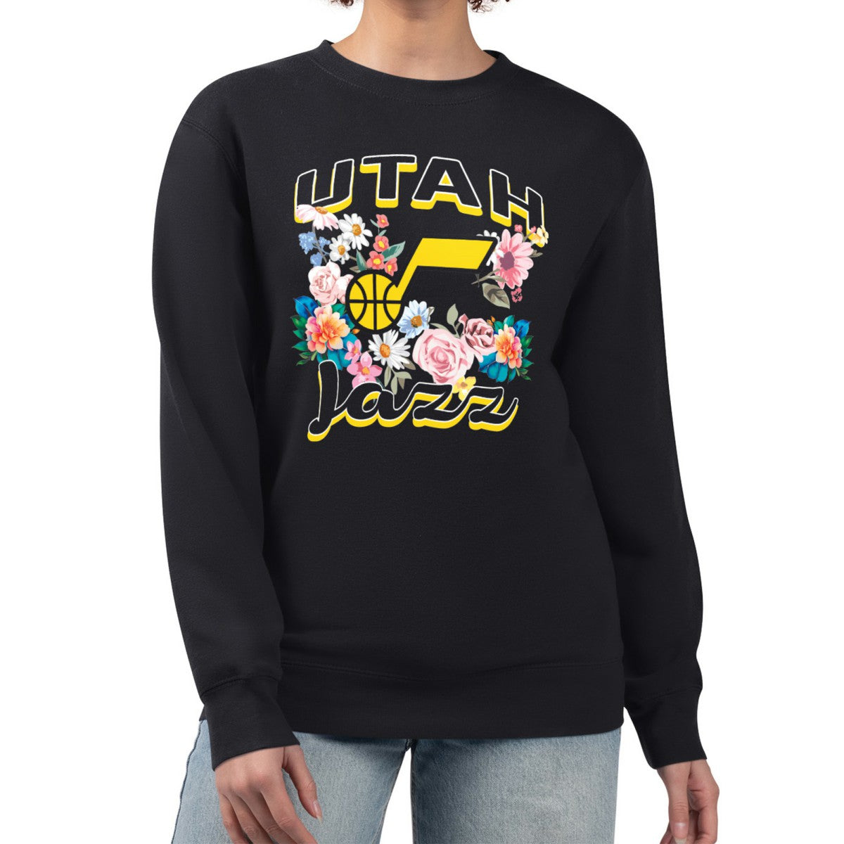 NBA Utah Jazz G-III 4Her by Carl Banks Women's Flowers Team Logo Graphic Fleece Crewneck Pullover Sweatshirt