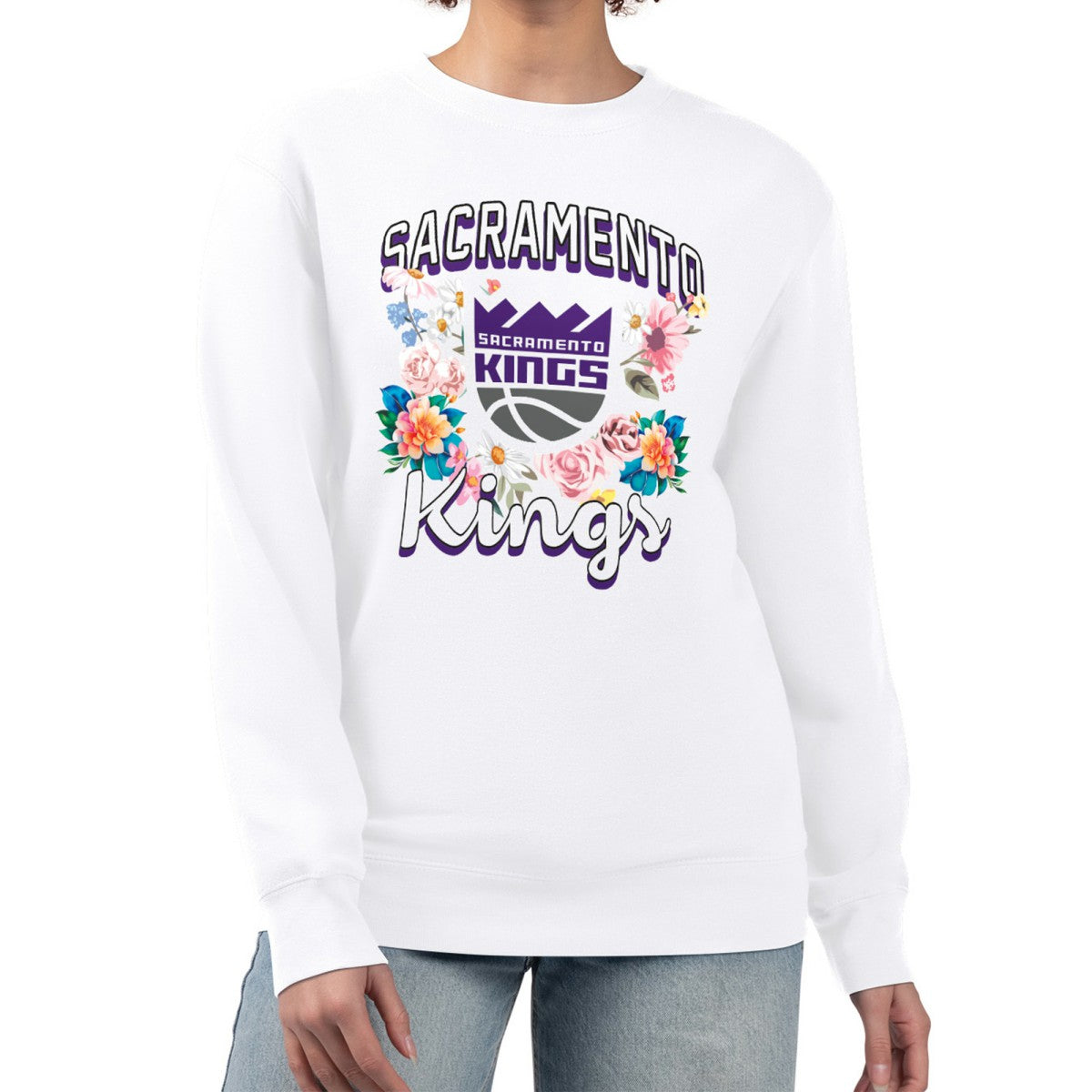 NBA Sacramento Kings G-III 4Her by Carl Banks Women's Flowers Team Logo Graphic Fleece Crewneck Pullover Sweatshirt