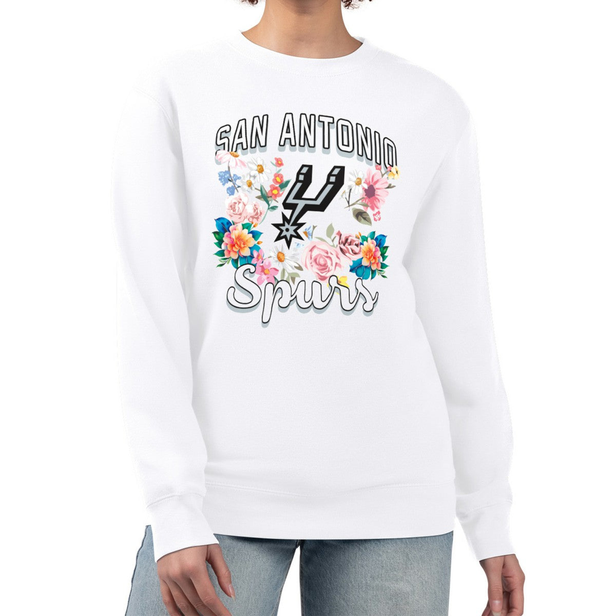 NBA San Antonio Spurs G-III 4Her by Carl Banks Women's Flowers Team Logo Graphic Fleece Crewneck Pullover Sweatshirt
