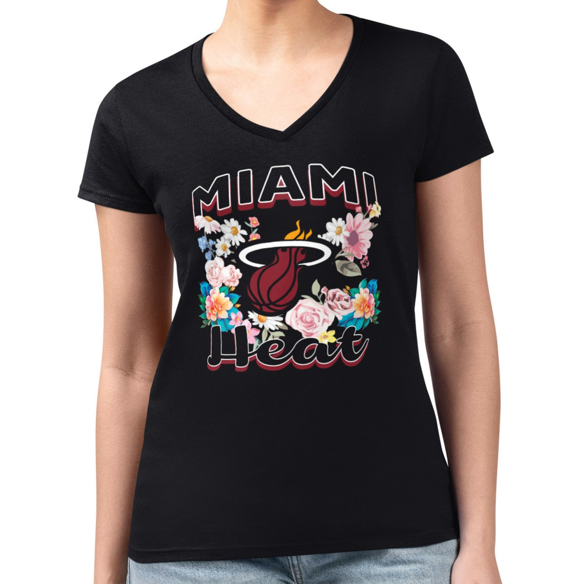 NBA Miami Heat G-III 4Her by Carl Banks Women's Super-Slim Fit Lightweight Flowers Team Logo Graphic V-Neck T-Shirt