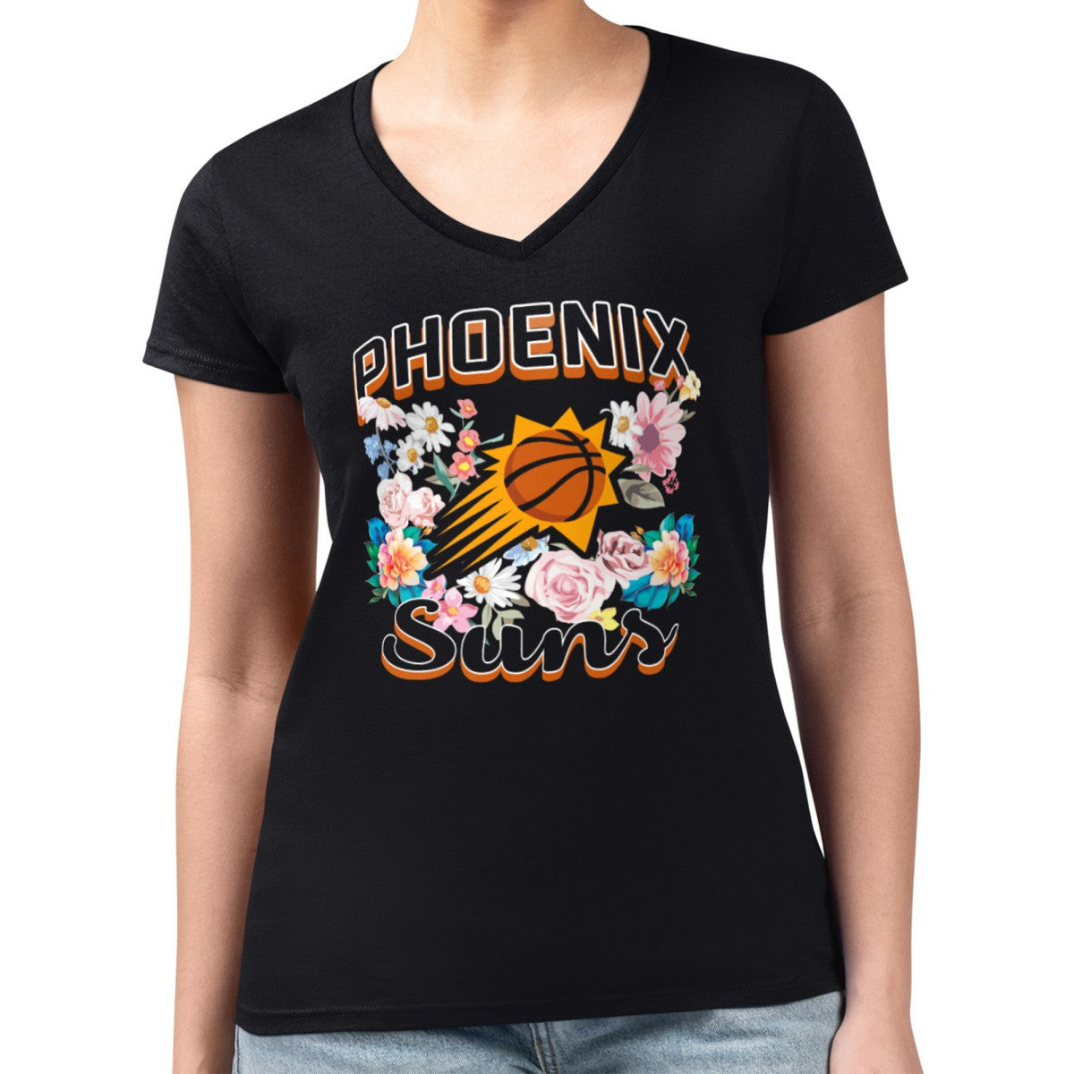NBA Phoenix Suns G-III 4Her by Carl Banks Women's Super-Slim Fit Lightweight Flowers Team Logo Graphic V-Neck T-Shirt