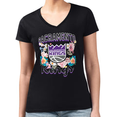 NBA Sacramento Kings G-III 4Her by Carl Banks Women's Super-Slim Fit Lightweight Flowers Team Logo Graphic V-Neck T-Shirt