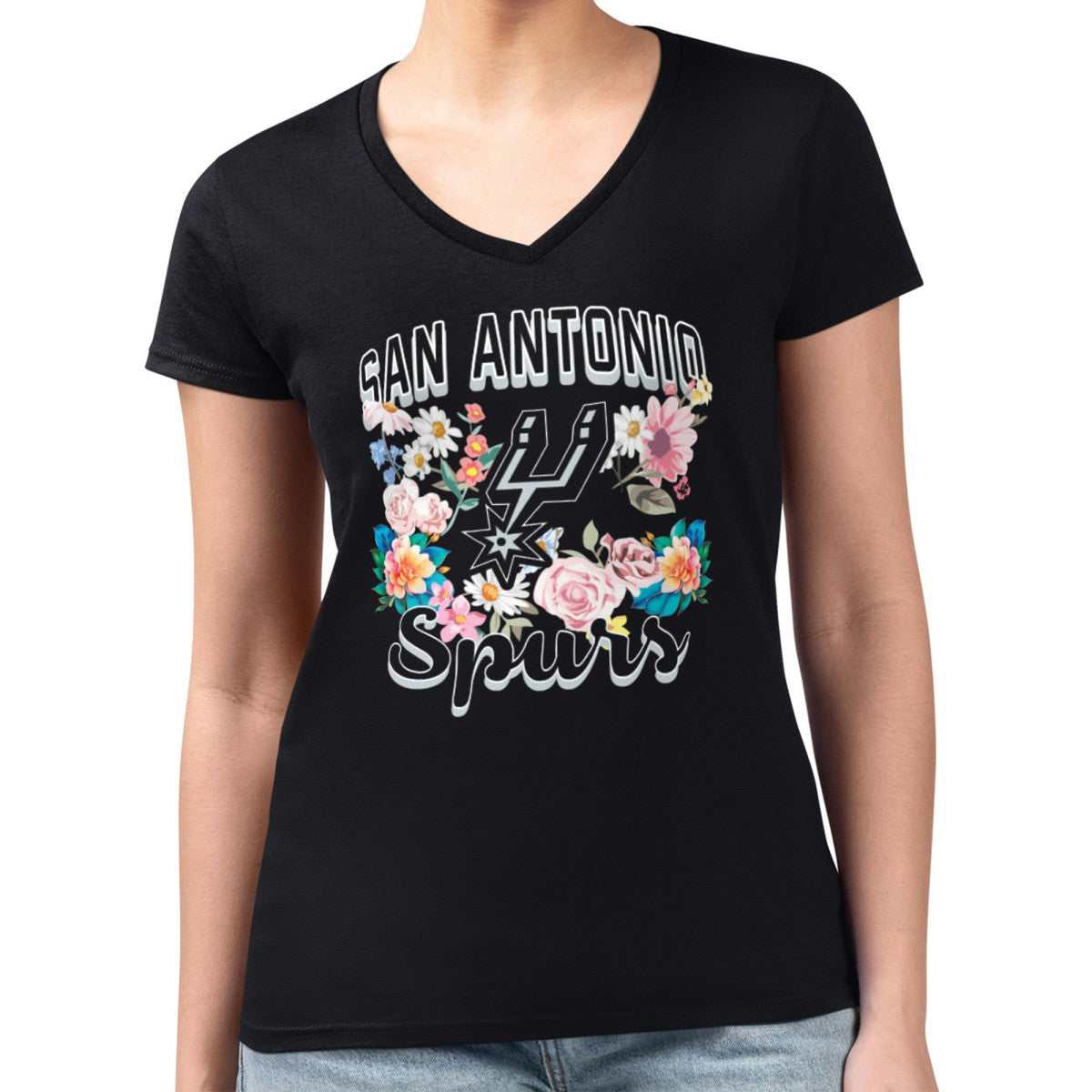 NBA San Antonio Spurs G-III 4Her by Carl Banks Women's Super-Slim Fit Lightweight Flowers Team Logo Graphic V-Neck T-Shirt
