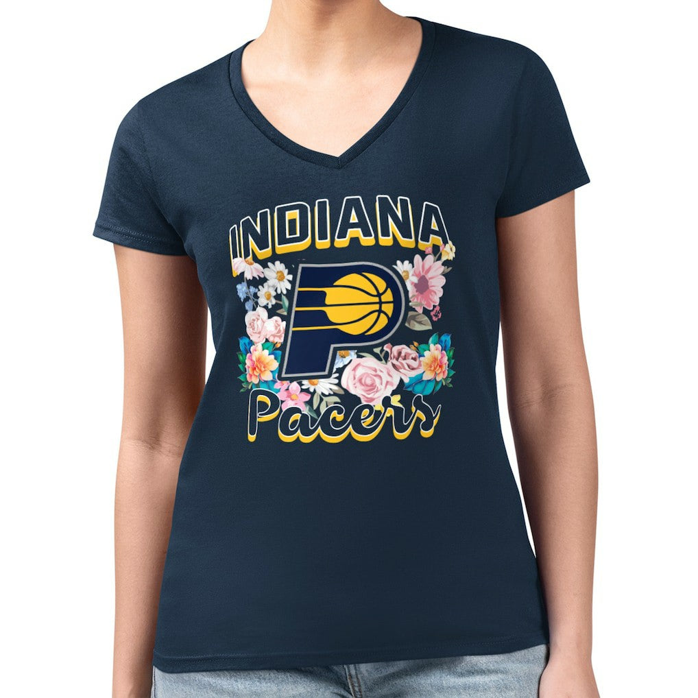 NBA Indiana Pacers G-III 4Her by Carl Banks Women's Super-Slim Fit Lightweight Flowers Team Logo Graphic V-Neck T-Shirt
